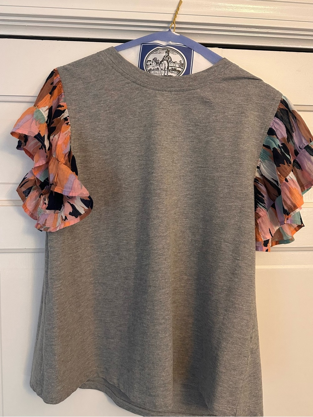 THML Gray Tee with Floral Multi-Color Ruffle Sleeves